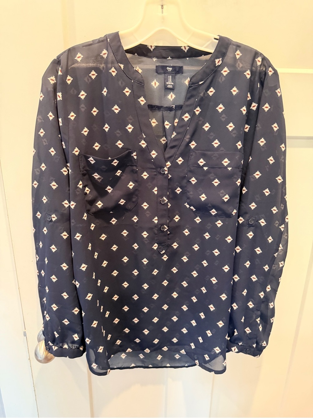 Gap Navy Printed Popover Blouse Medium Long Sleeve Utility Top